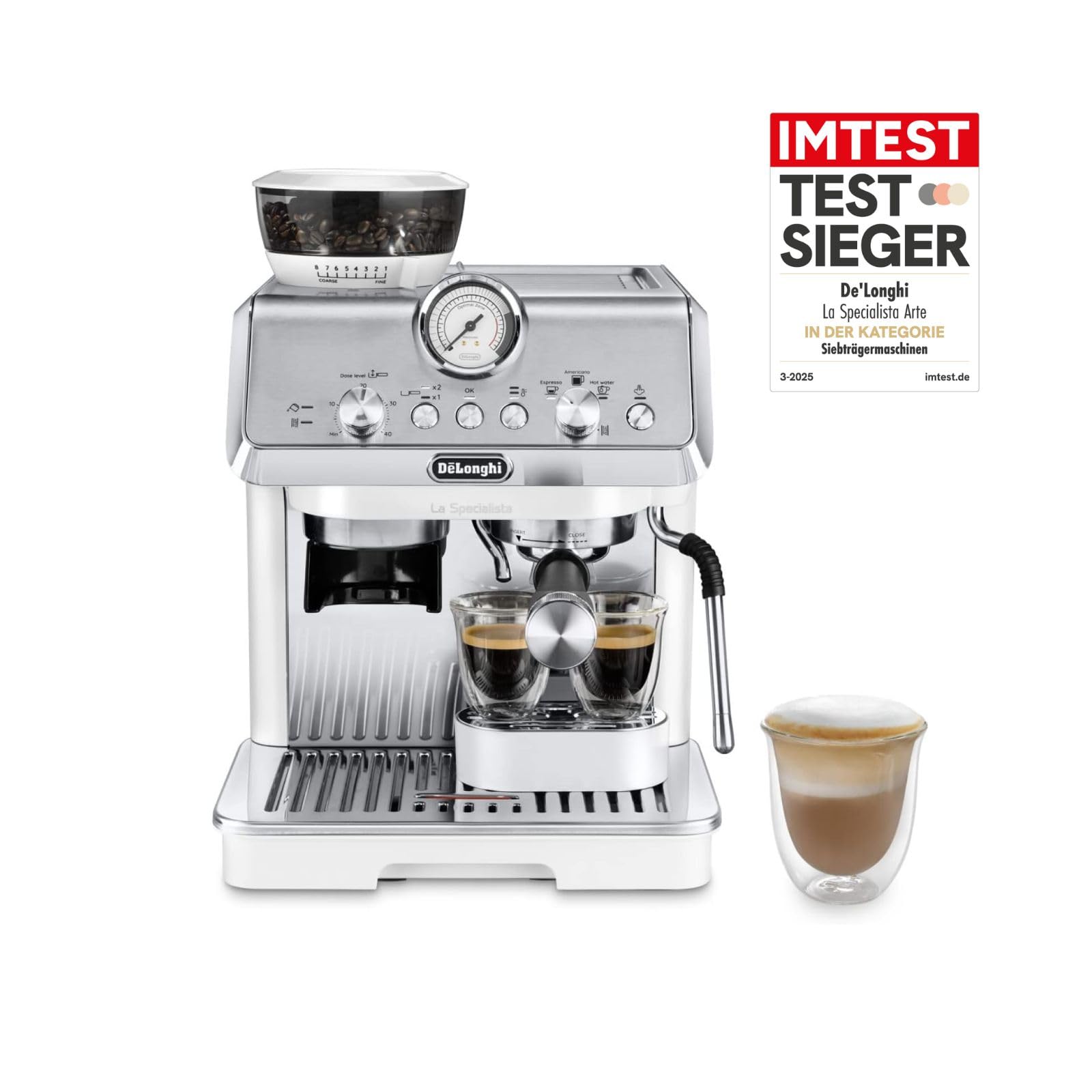 De'Longhi La Specialista Arte EC9155.W Siebträgermaschine Weiss. Weiße Espressomaschine zum Brühen von Espresso und Aufschäumen von Milch.