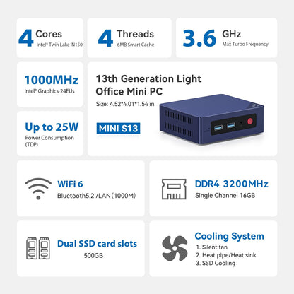 Beelink Mini S13 Mini PC - Intel N150, 16GB/500GB SSD
