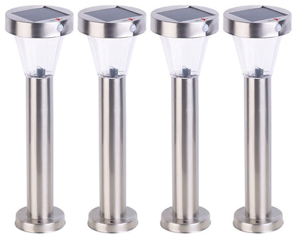 Lunartec Solar-LED-Wegeleuchte 4er-Set, Edelstahl, Sensor. Vier schlanke Edelstahl-Lampen, die Wege per Solar-LED und Sensor beleuchten.