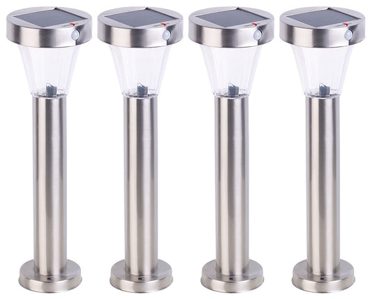 Lunartec Solar-LED-Wegeleuchte 4er-Set, Edelstahl, Sensor. Vier schlanke Edelstahl-Lampen, die Wege per Solar-LED und Sensor beleuchten.