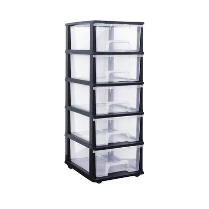 ABBAware Schubladenbox Rollcontainer mit 5 Schubladen je 17 Liter, transparente Schubladen, schwarzer Rahmen