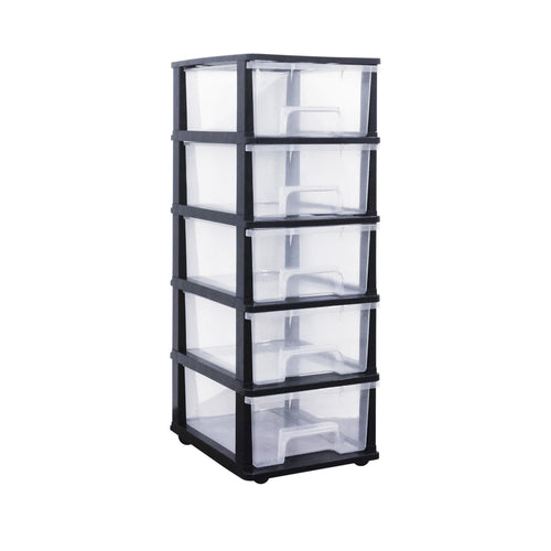 ABBAware Schubladenbox Rollcontainer mit 5 Schubladen je 17 Liter, transparente Schubladen, schwarzer Rahmen