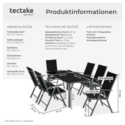 tectake Sitzgruppe Aluminium 6 Klappstühle & Glastisch anthrazit