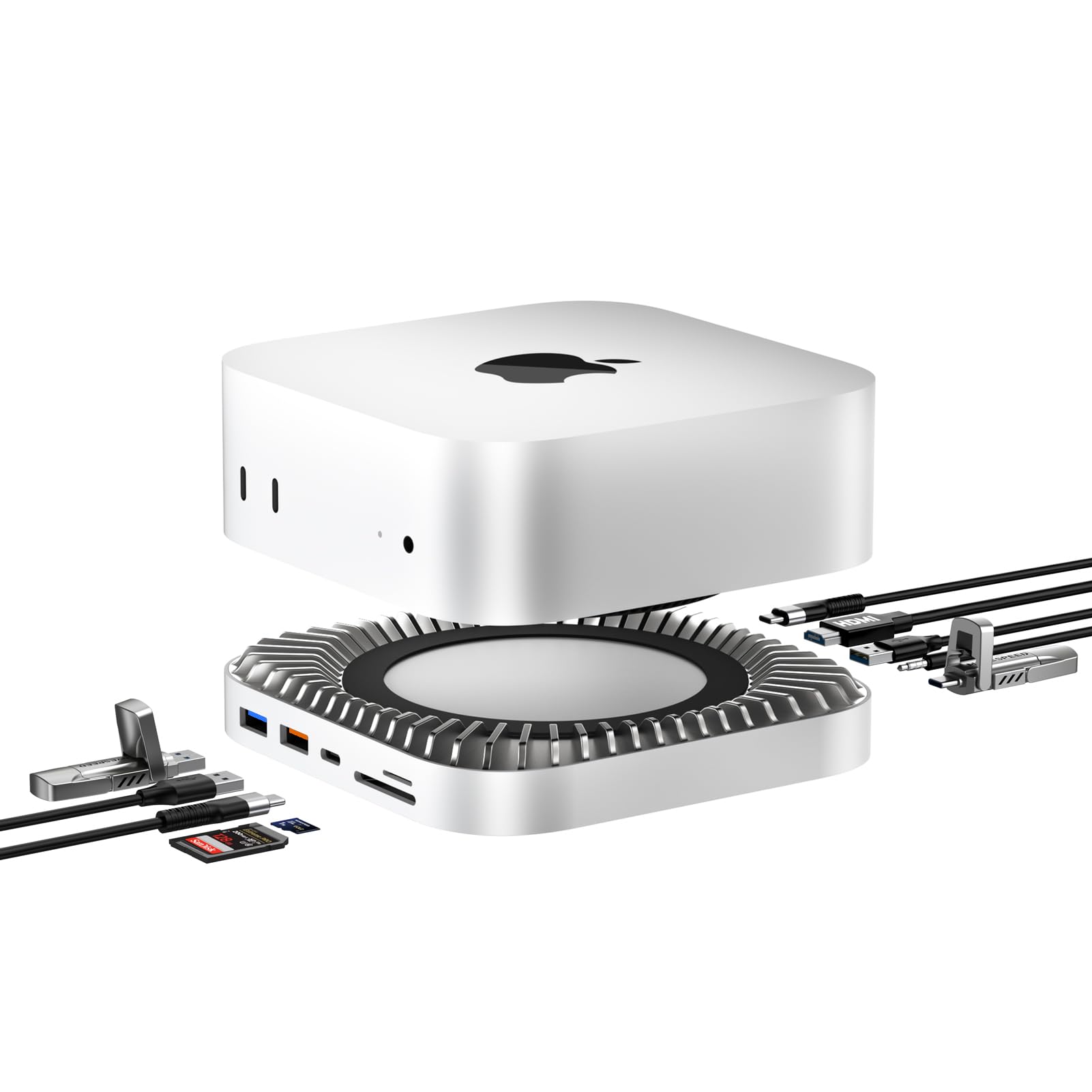 Mac Mini M4/M4 Pro Dock – Ständer mit SSD Gehäuse & HDMI Hub. Kompaktes, silbernes Gehäuse. Erweitert Mac Mini mit SSD-Slot, HDMI- und USB-Anschlüssen.