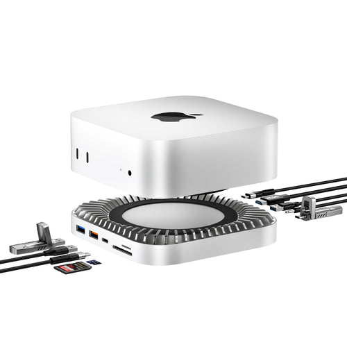Mac Mini M4/M4 Pro Dock – Ständer mit SSD Gehäuse & HDMI Hub. Kompaktes, silbernes Gehäuse. Erweitert Mac Mini mit SSD-Slot, HDMI- und USB-Anschlüssen.