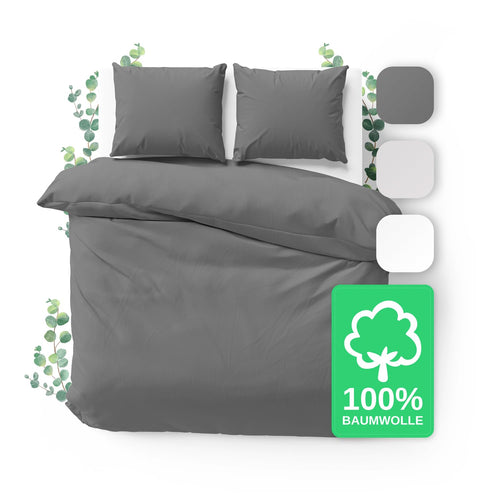 JACOBSON Bettwäsche-Set Baumwolle Perkal 240x220, Anthrazit, 3-teilig mit Bettbezug und zwei Kissenbezügen