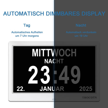 TROCOTN Digitale Kalenderuhr 10 Zoll, Tagesuhr für Senioren, Weiss