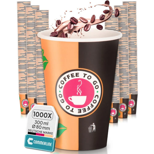Commerline Pappbecher To Go 300 ml, Einweg-Kaffeebecher, 1000 Stück aus Papier für Heiss- und Kaltgetränke