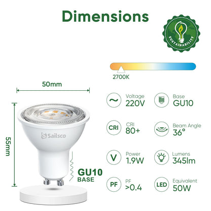 sailsco GU10 LED Leuchtmittel 1,9W 345lm 2700K warmweiss, 12 Stück