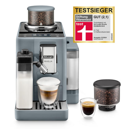 De’Longhi Rivelia Perfetto Kaffeevollautomat LatteCrema - Grau. Mahlt Kaffeebohnen frisch und brüht Espresso und Milchgetränke vollautomatisch.