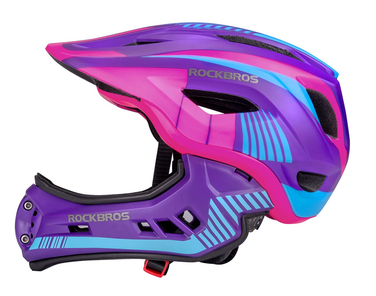 ROCKBROS Kinderhelm Fullface abnehmbarer Kinnschutz S 48-52cm violett, mit Krempe und Belüftungsöffnungen