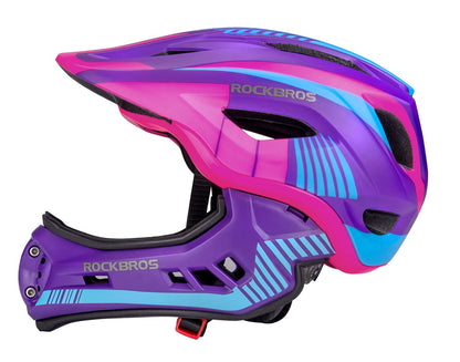 ROCKBROS Kinderhelm Fullface abnehmbarer Kinnschutz S 48-52cm violett, mit Krempe und Belüftungsöffnungen