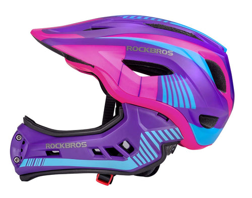 ROCKBROS Kinderhelm Fullface abnehmbarer Kinnschutz S 48-52cm violett, mit Krempe und Belüftungsöffnungen