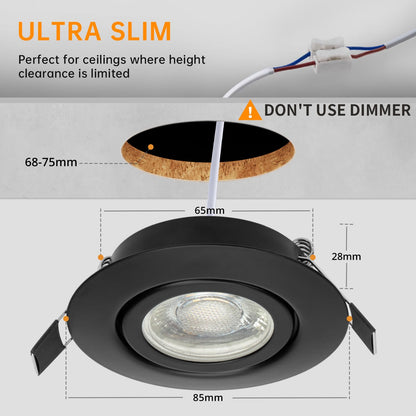 wowatt 10er LED Einbaustrahler 7W Schwarz Dimmbar IP44 Warmweiss 68mm
