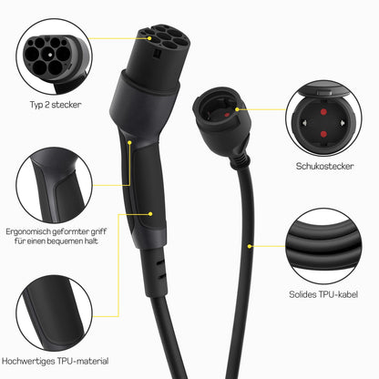 dé Typ 2 auf Schuko Adapter 16 A, Ladeadapter für E-Auto, 0,6 m