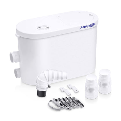 Aquamatix Silencio 2 Sanitärpumpe 400W, 2 Einlässe: Rechteckiger, grauer Behälter. Fördert Abwasser aus zwei Anschlüssen.