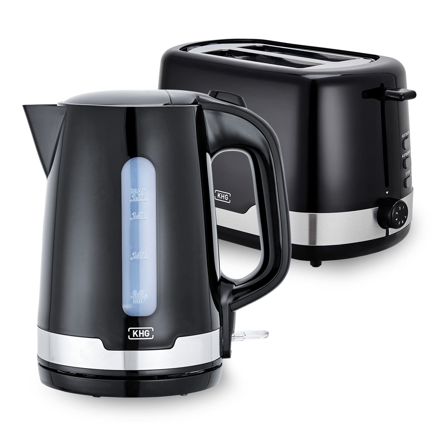 KHG Frühstücksset Wasserkocher & Toaster 2-teilig, schwarz – glänzende Kunststoff-Fassung, Edelstahl-Ring