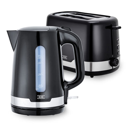 KHG Frühstücksset Wasserkocher & Toaster 2-teilig, schwarz – glänzende Kunststoff-Fassung, Edelstahl-Ring