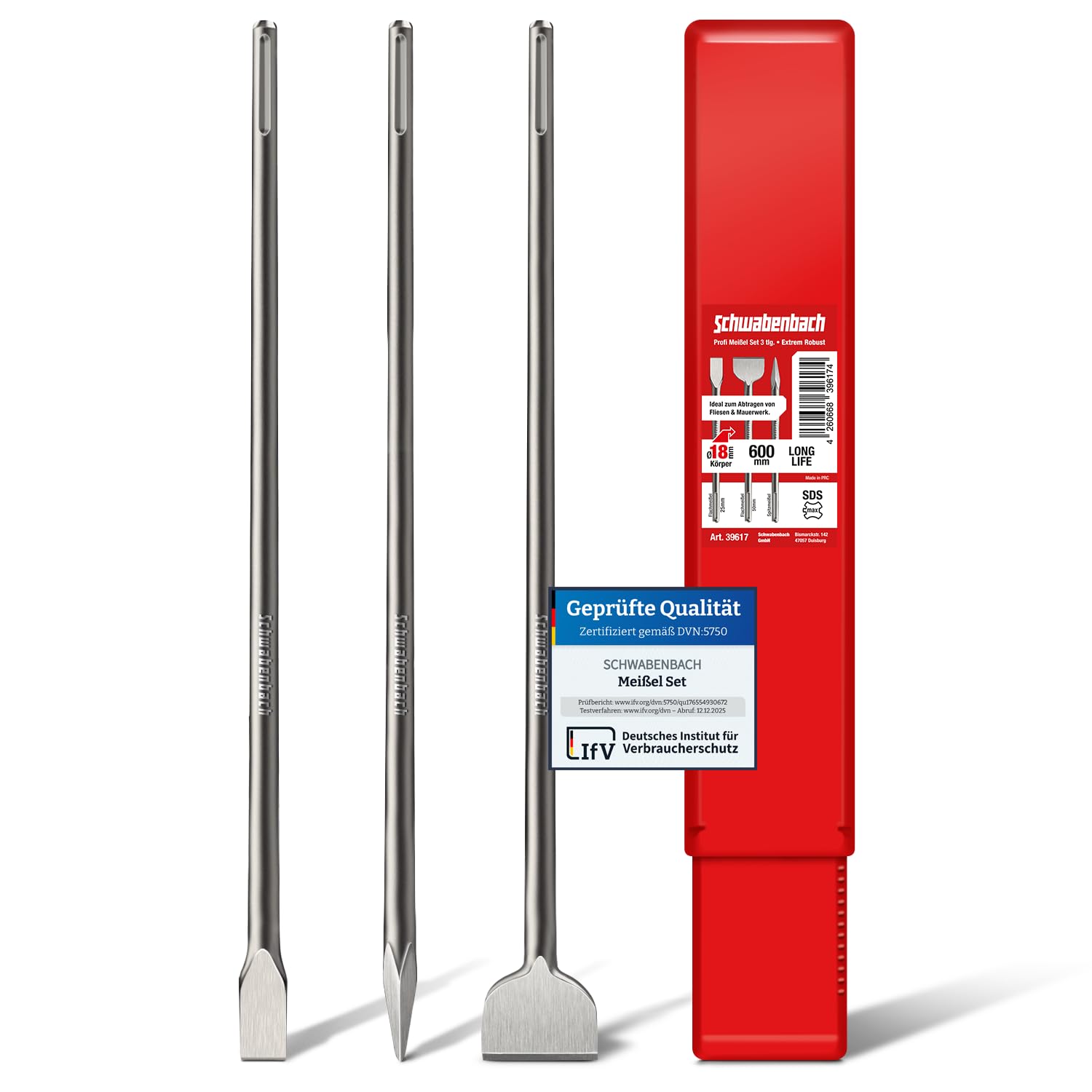 SCHWABENBACH SDS Max Meissel Set 600mm, 3-teilig, für Bohrhammer – Spitzmeissel und zwei Spatmeissel aus Stahl