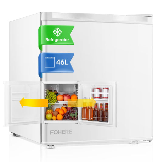 FOHERE Mini Kühlschrank 46L mit Eisfach Getränkekühlschrank – Weiss. Rechteckiger Korpus, kühlt auch Lebensmittel.