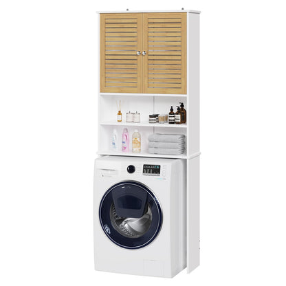 FORABAMB Waschmaschinenschrank mit Bambustüren, 185,5 × 65 × 24 cm – zwei offene Fächer, MDF-Korpus