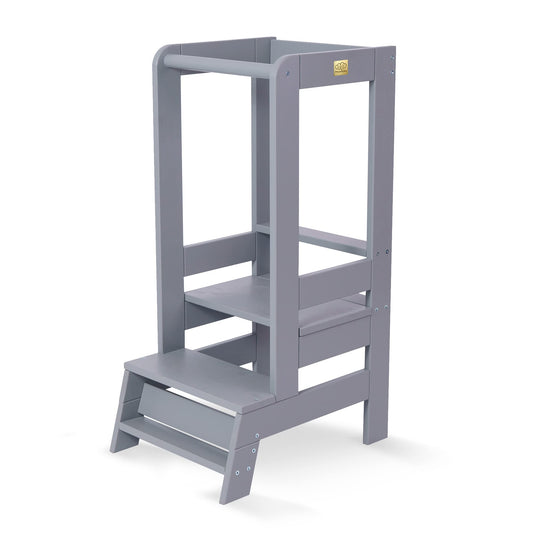 MEOWBABY Lernturm Höhenverstellbar – Kinder Tritthocker Grau. Grauer, höhenverstellbarer Lernturm. Für sicheres Erreichen von Arbeitsplatten und Waschbecken.