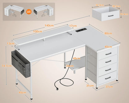 ODK Eckschreibtisch L-Form 140x80cm - Schubladen, USB, Weiss