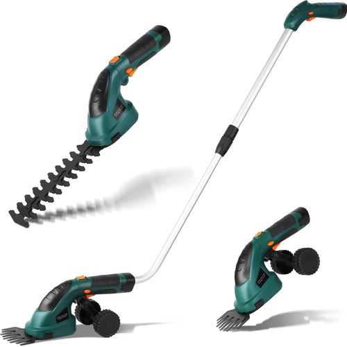 LIFERUN Akku Grasschere 2-in-1 Strauchschere mit Teleskopstiel, Grün, zwei Messer für Rasenkanten und Strauchschnitt