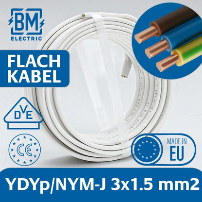 BM Electric NYM Kabel 3x1,5 mm² YDYp Flachkabel 25 m, 300/500 V