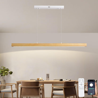 Pinrutar Holz LED Pendelleuchte - dimmbar Esstisch L100CM 36W. Längliche Holzleuchte zur dimmbaren Esstischbeleuchtung.