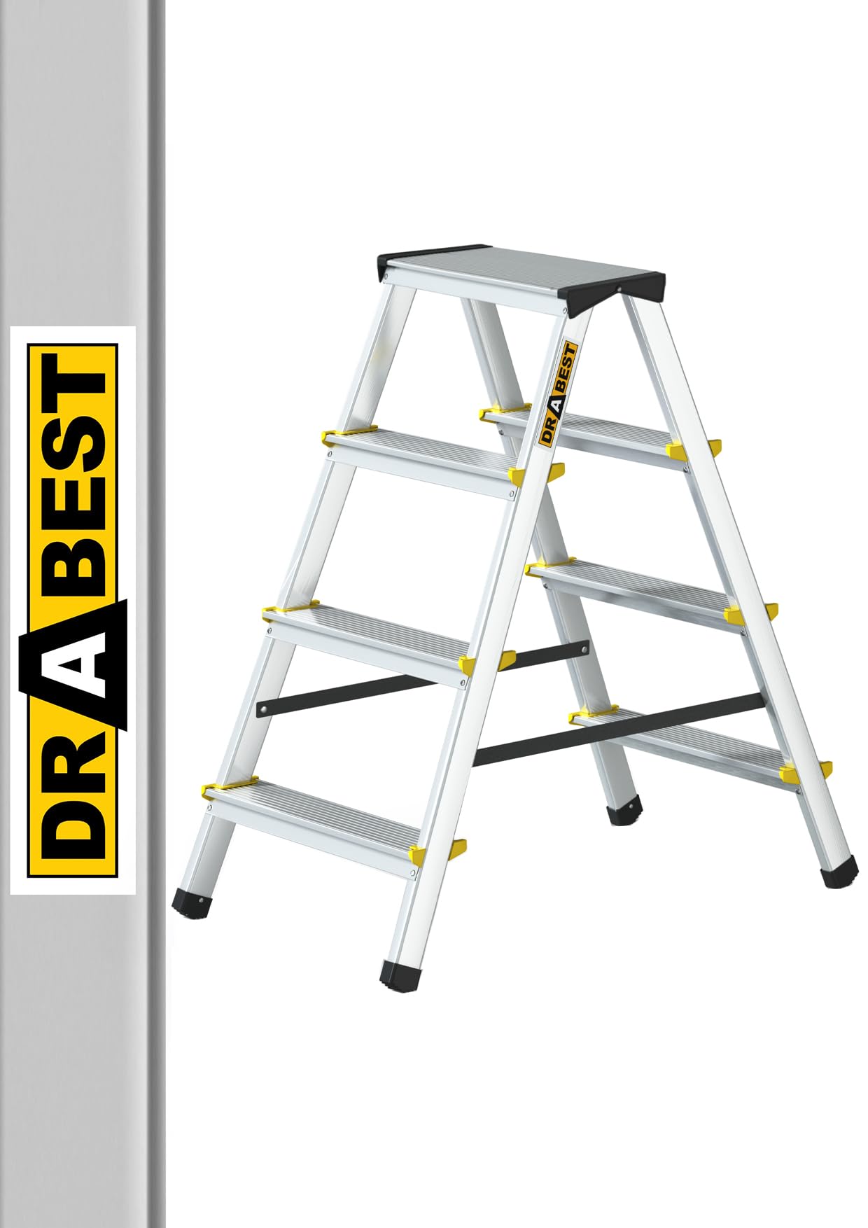 DRABEST Aluminium Mehrzweckleiter – 2x4 Stufen Beidseitig, silberfarben. Nutzbar als Anlege-, Steh- oder Arbeitsbühnenleiter für flexible Höhen.