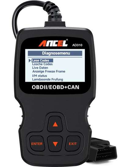 ANCEL AD310 OBD2 Diagnosegerät, Fehlercodeleser für OBD-II Fahrzeuge, schwarz, mit Display und Anschlusskabel