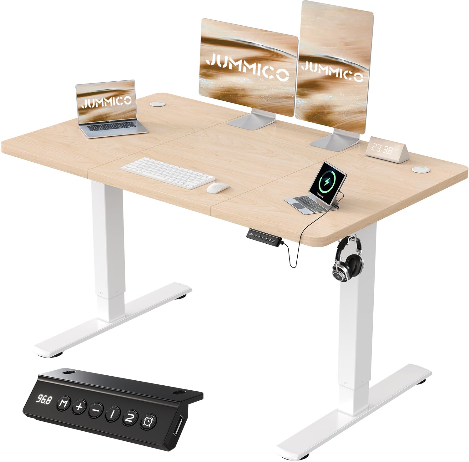 JUMMICO Elektrischer Steh-Sitz Schreibtisch 120x60 cm - Beige. Rechteckige, beige Arbeitsplatte, elektrisch höhenverstellbar für ergonomisches Arbeiten.