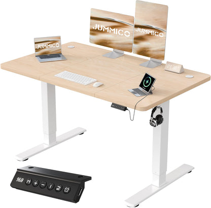 JUMMICO Elektrischer Steh-Sitz Schreibtisch 120x60 cm - Beige. Rechteckige, beige Arbeitsplatte, elektrisch höhenverstellbar für ergonomisches Arbeiten.
