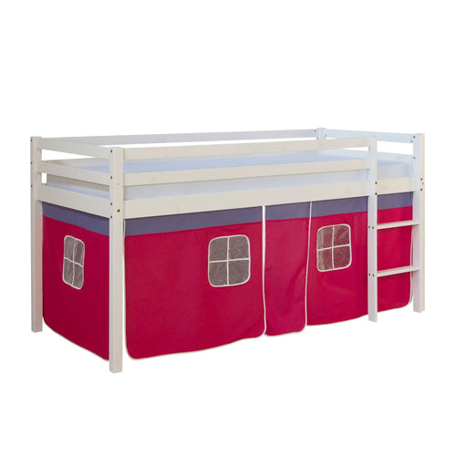 Homestyle4u Kinder Hochbett 90x200 – weiss, Treppe, Pink. Weißes Hochbett mit pinken Details, Treppe. Zum platzsparenden Schlafen.