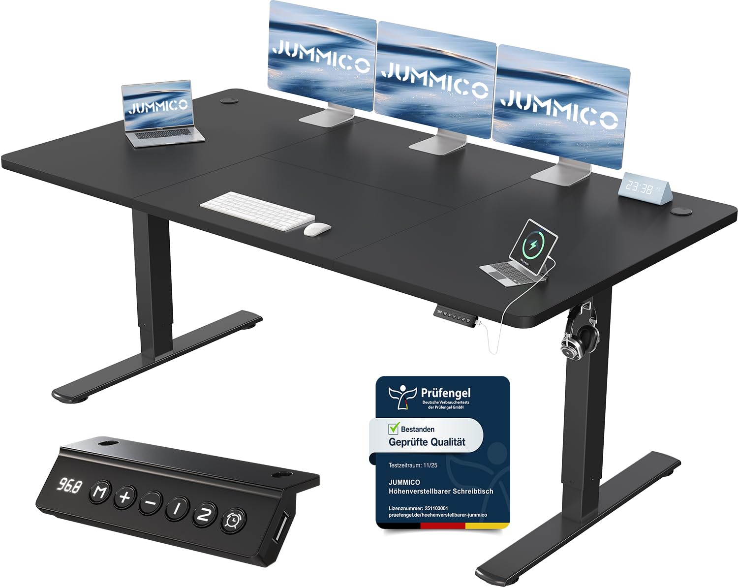 JUMMICO Schreibtisch höhenverstellbar elektrisch 180 x 80 cm schwarz mit T-förmigen Metallbeinen