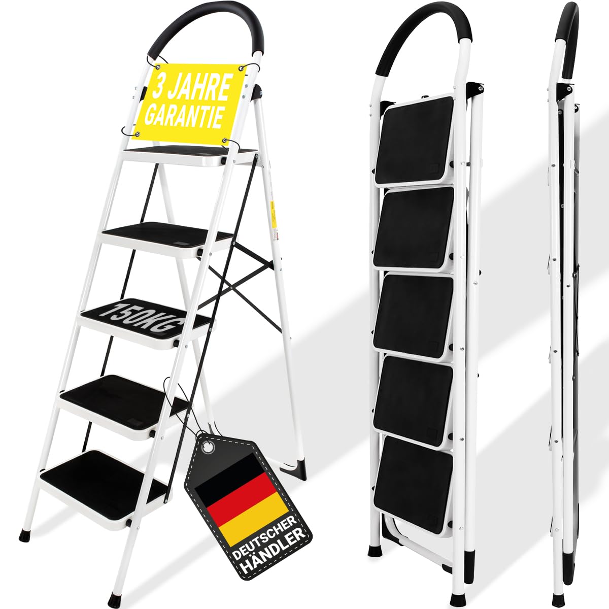 CRAFTFULL Trittleiter CF-130A Mehrzweckleiter - 5 Stufen. Silberne, klappbare Aluminiumleiter mit 5 rutschfesten Stufen für sicheren Stand bei Arbeiten in mittleren Höhen.