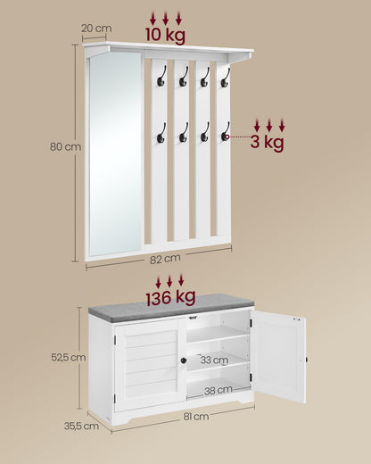 VASAGLE Schuhbank mit Wandgarderobe, Garderoben-Set mit Spiegel, weiss