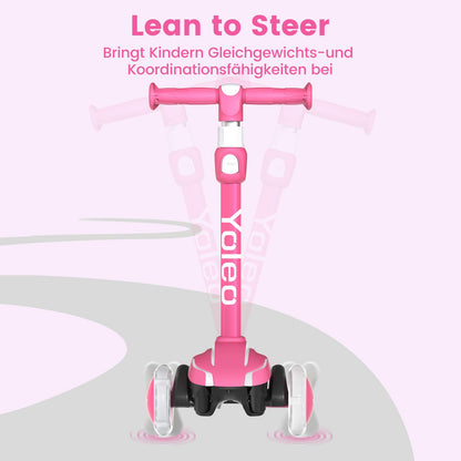 Yoleo Kinderscooter Dreiradroller mit leuchtenden Rädern, rosa-weiss