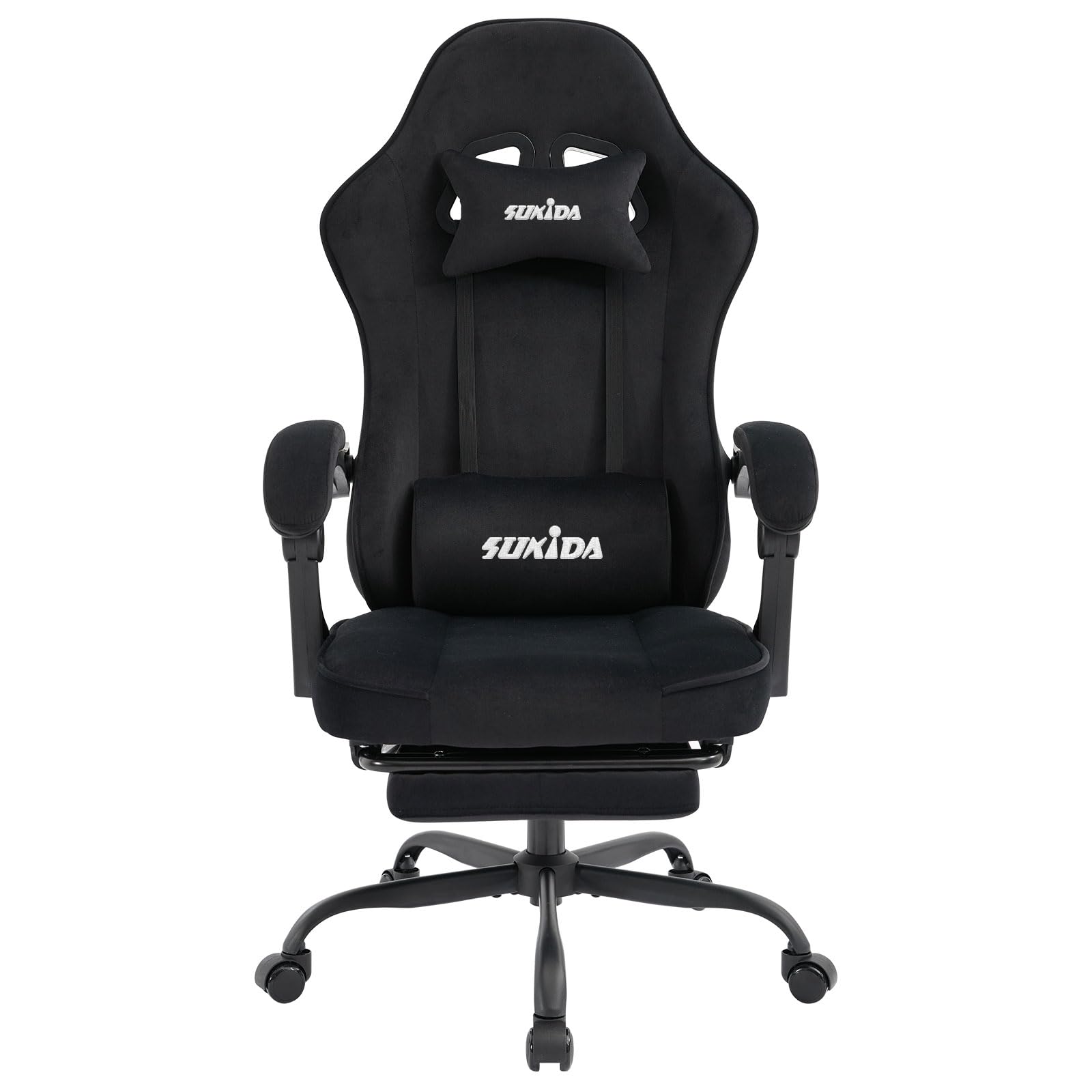 SUKIDA Gaming-Stuhl aus Stoff, ergonomisch, mit Fussstütze, schwarz – Metallgestell und 360°-Drehrollen
