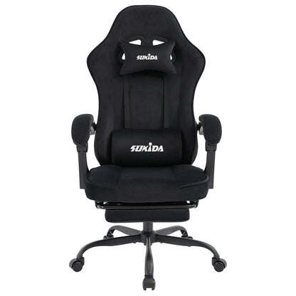 SUKIDA Gaming-Stuhl aus Stoff, ergonomisch, mit Fussstütze, schwarz – Metallgestell und 360°-Drehrollen