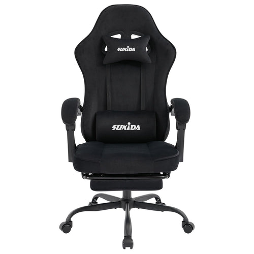 SUKIDA Gaming-Stuhl aus Stoff, ergonomisch, mit Fussstütze, schwarz – Metallgestell und 360°-Drehrollen