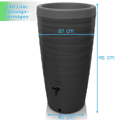 YourCasa Regentonne 240 Liter Wave Design mit Wasserhahn, Grau