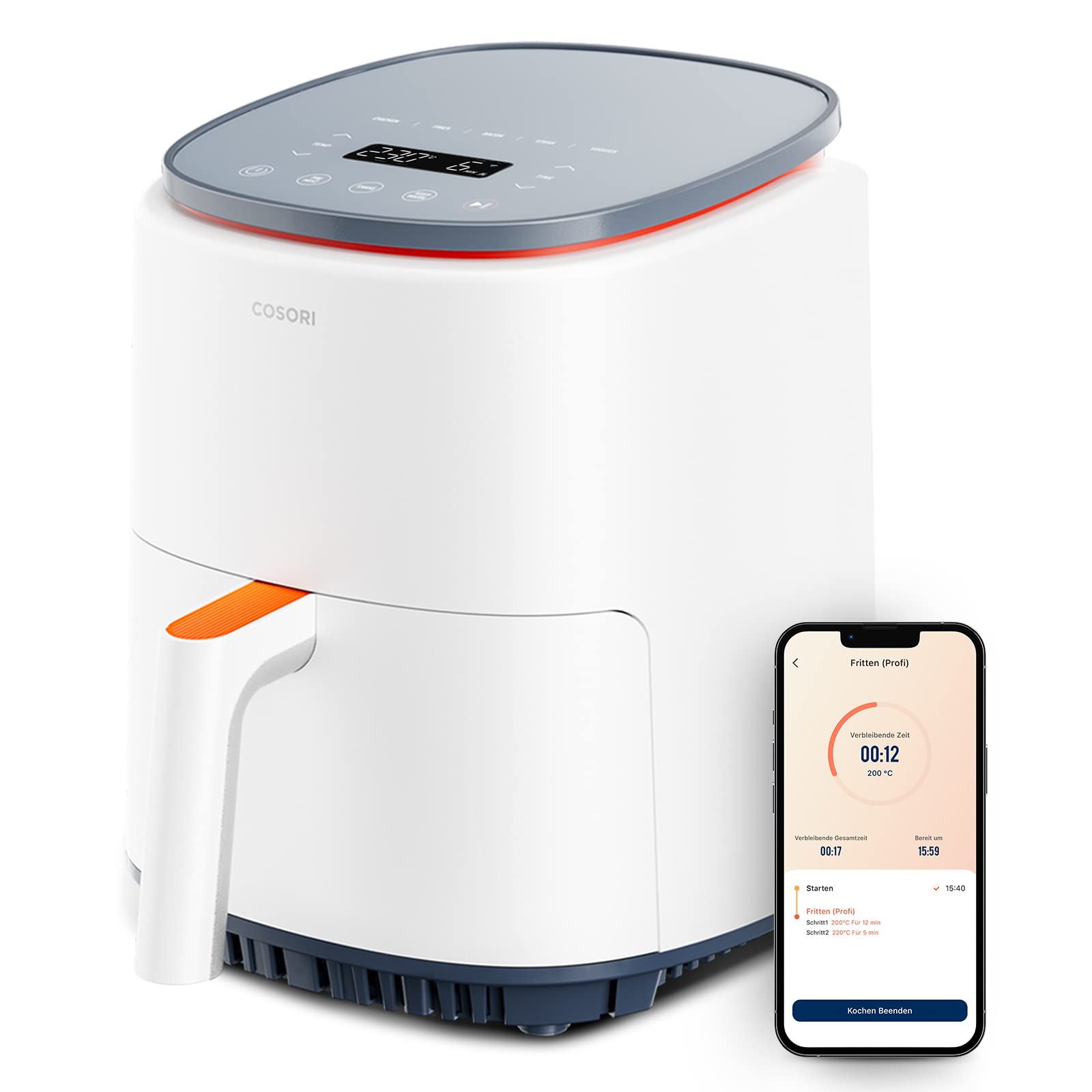COSORI Lite Smart Heissluftfritteuse 3.8L - Weiss. Kompaktes, weißes Gerät mit Auszugsschublade. Für fettarmes Frittieren, Braten, Backen gesunder Gerichte.