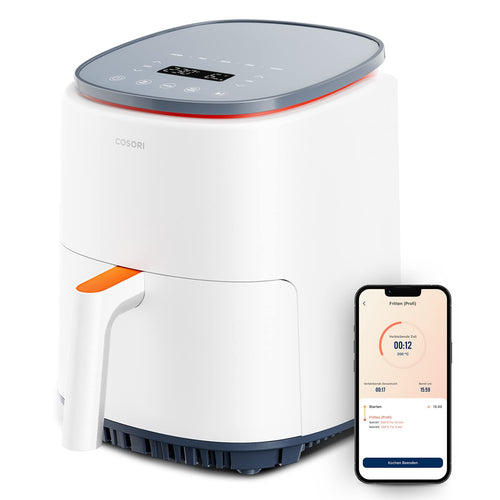 COSORI Lite Smart Heissluftfritteuse 3.8L - Weiss. Kompaktes, weißes Gerät mit Auszugsschublade. Für fettarmes Frittieren, Braten, Backen gesunder Gerichte.