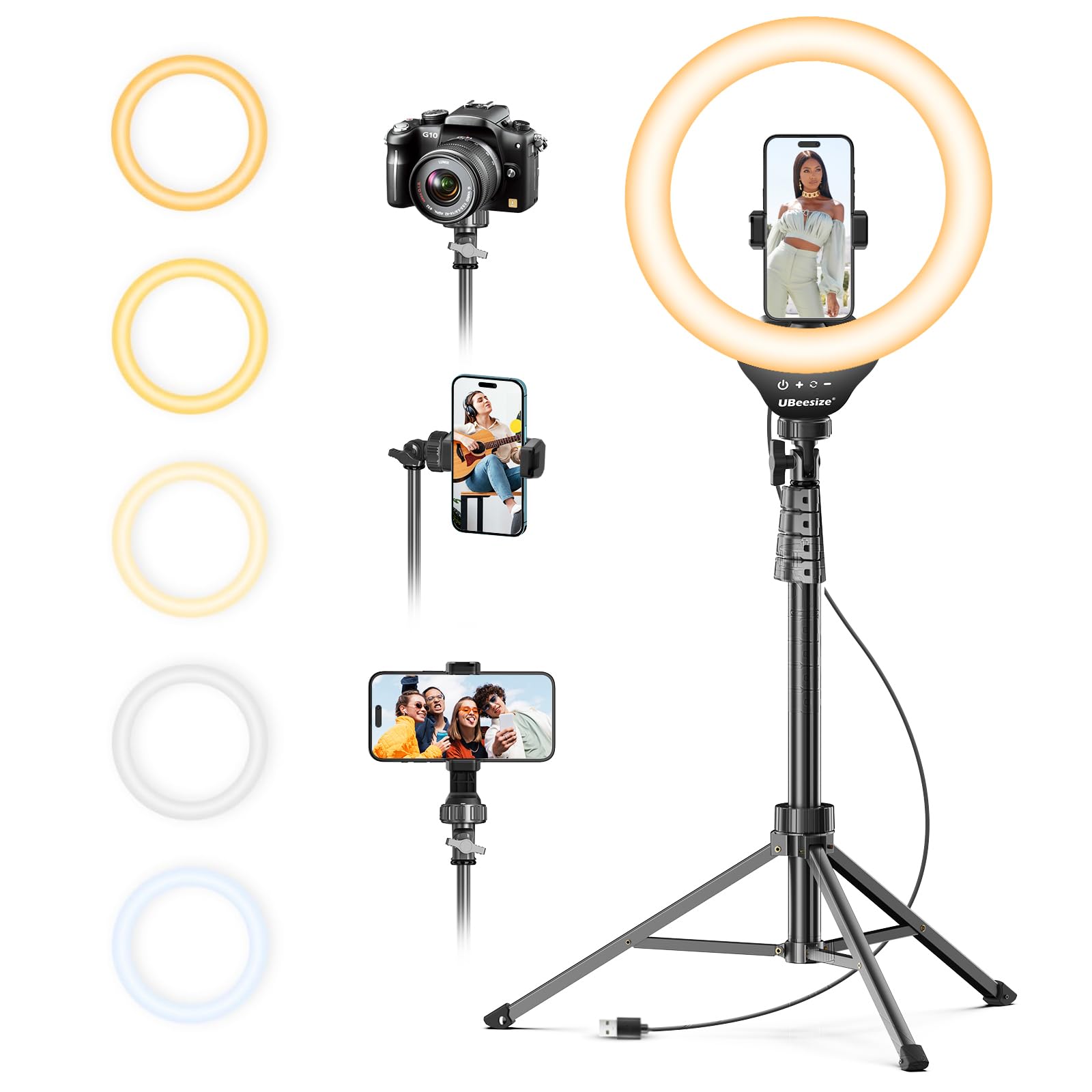 UBeesize Ringlicht 12 Zoll mit 62 Zoll Stativ, 5 Farbtemperaturen, ringförmiges LED-Dauerlicht für Videos und Livestreams