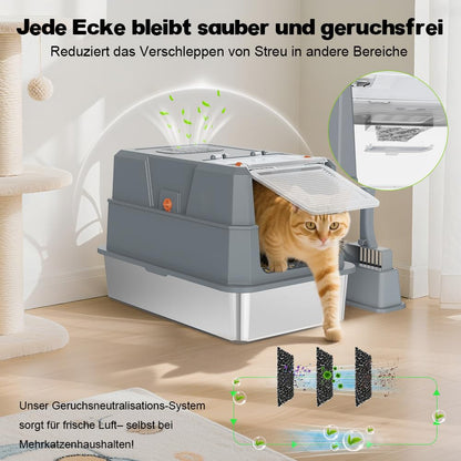 SZEE XL Edelstahl Geschlossene Katzentoilette – Klappdeckel Dunkelgrau