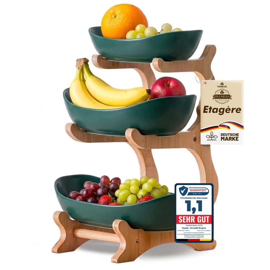VANEJA Etagere 3-stöckig, Keramik Dunkelgrün mit Bambusständer, Servierständer für Obst, Snacks und Gebäck