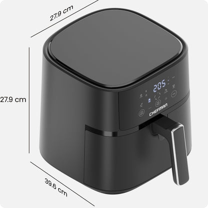 Chefman 5,7L Heißluftfritteuse, schnell & einfach, kompakte Heissluftfritteuse mit Hi-Fry Technologie, Touch Controls mit 4 Voreinstellungen, antihaftbeschichtet & spülmaschinenfest - Schwarz