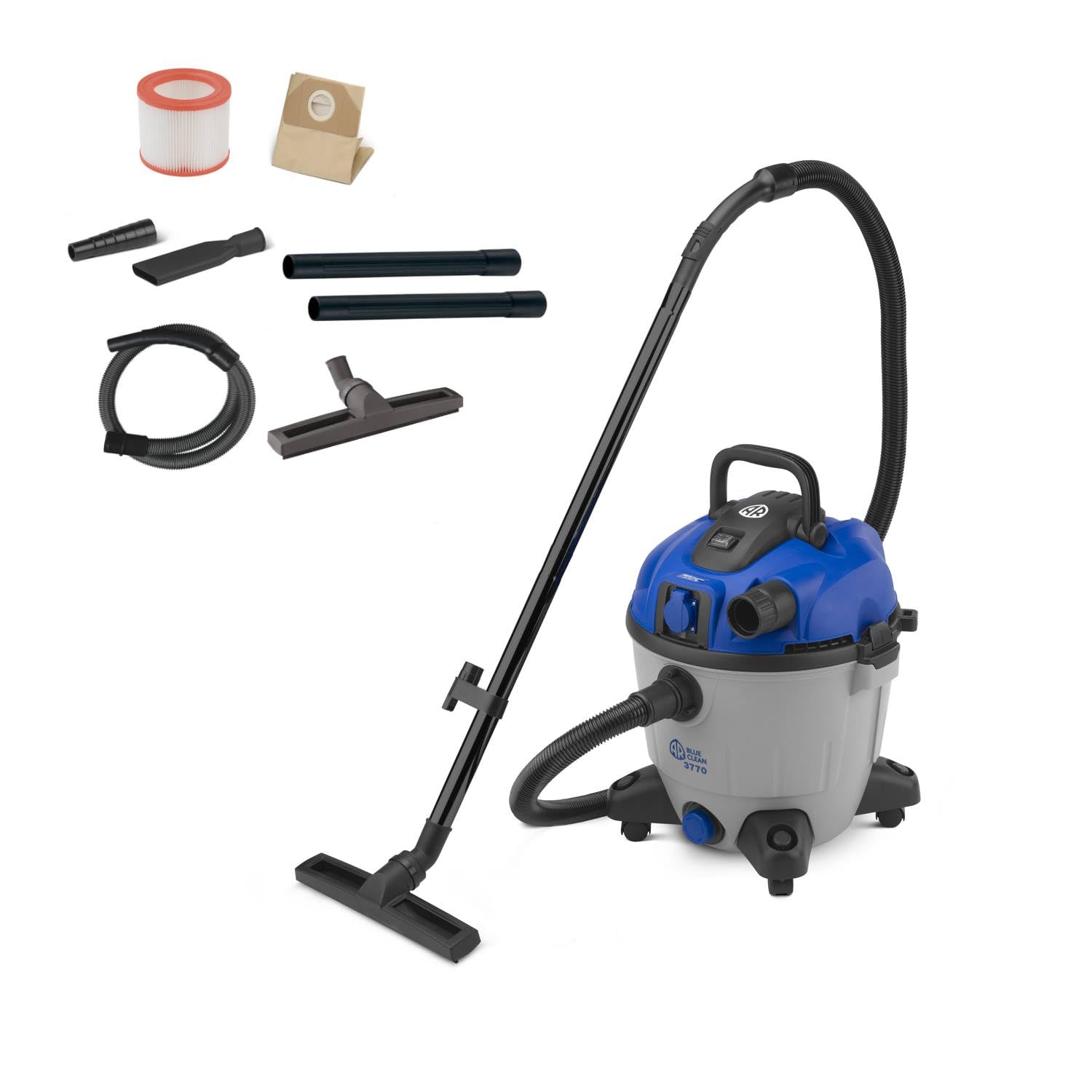 AR Blue Clean 3770 Nass- und Trockensauger, zylindrisch, blau. Er saugt Flüssigkeiten und trockenen Schmutz auf, ideal für Werkstätten.
